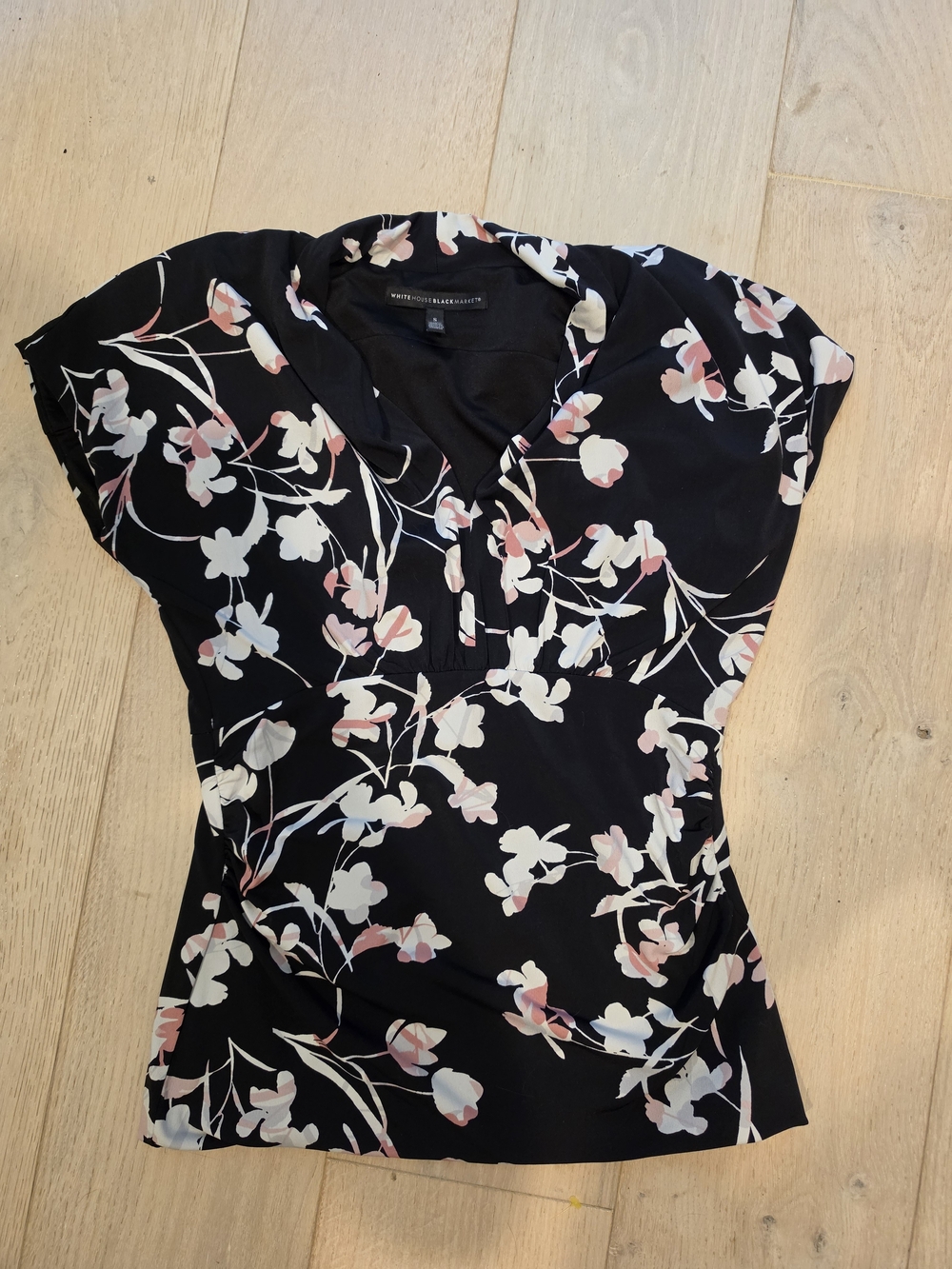 White House Black Market Black Floral V-Neck Top with Pink and White Blooms